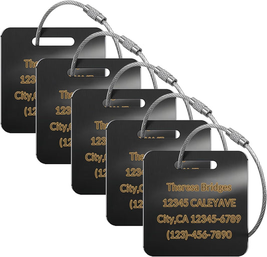 5 Pack Custom Engraved Luggage Tags, 2 x 2 inches Waterproof Personalized Luggage Tags, Aluminum Personalized Bag Tags for Suitcases/Backpack/Luggage Accessories [Black]