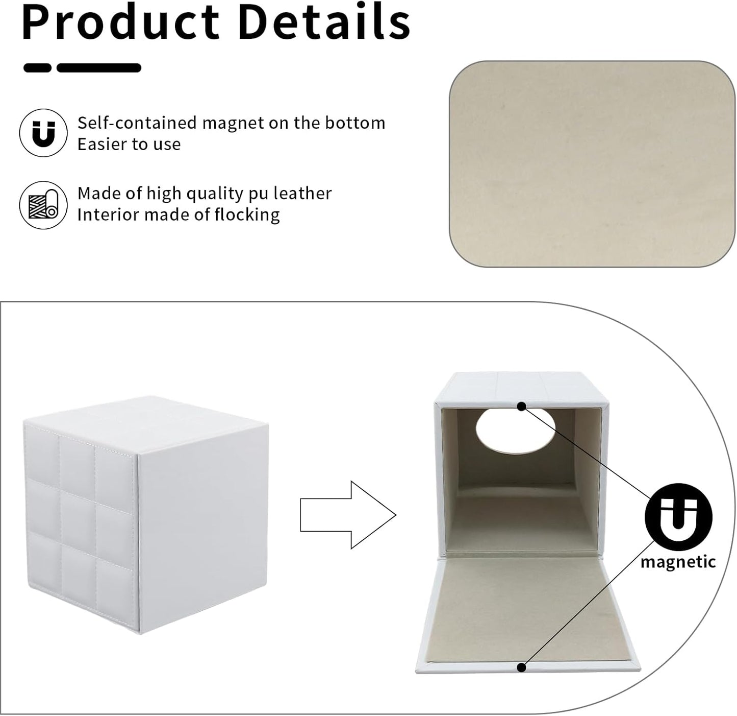 Tissue Box Cover Square Tissue Box Holder PU Leather Facial Organizer with Magnetic Bottom,Decorative Napkin Caddy for Vanity Dresser Night Stand Table Countertop Home Office Car,White