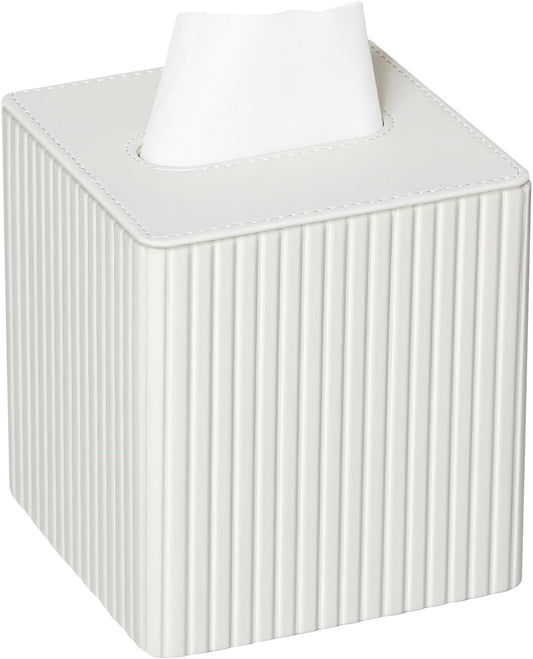 PU Leather Tissue Box Cover Square Tissue Box Holder with Magnetic Closure (Ivory Stripe)