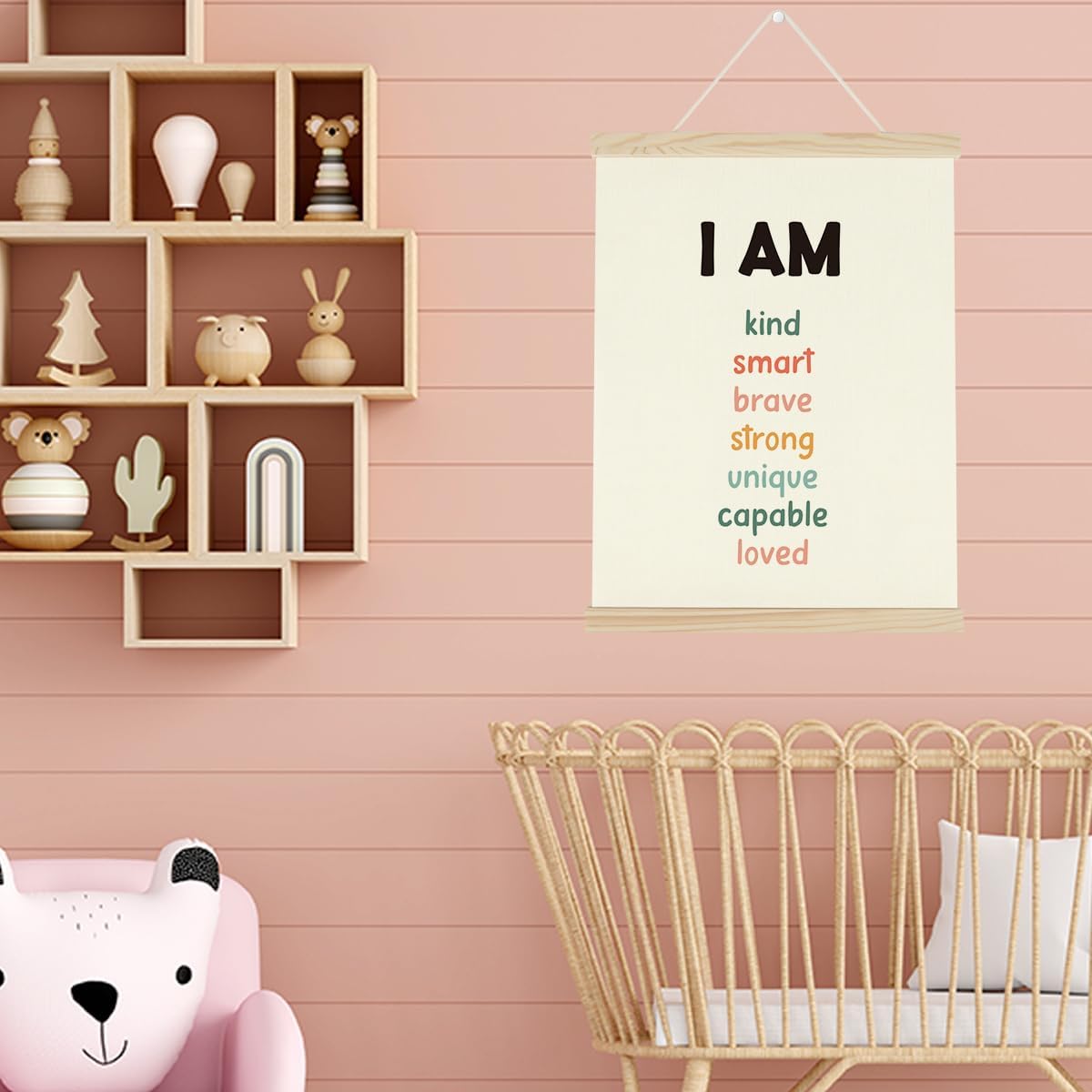WINGTECA Affirmations for Kids Poster Hanger Frame Classroom Back to School Decorations I am Kind Smart Colorful Wall Hanging Banner Decor for Classroom Kids Room 12x16Inch