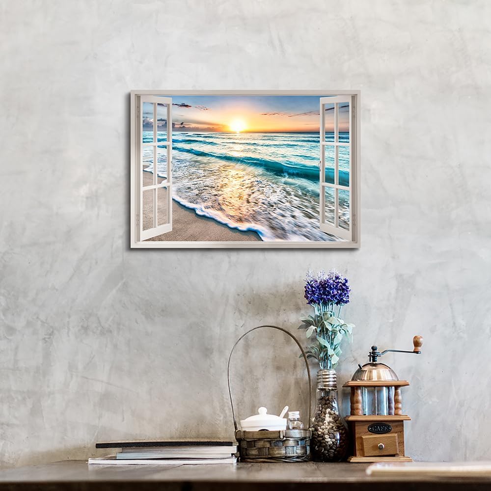 beach canvas window wall art: beach picture coastal artwork seascape ocean scene prints - looking out fake window wall decor for bathroom 12"x16"