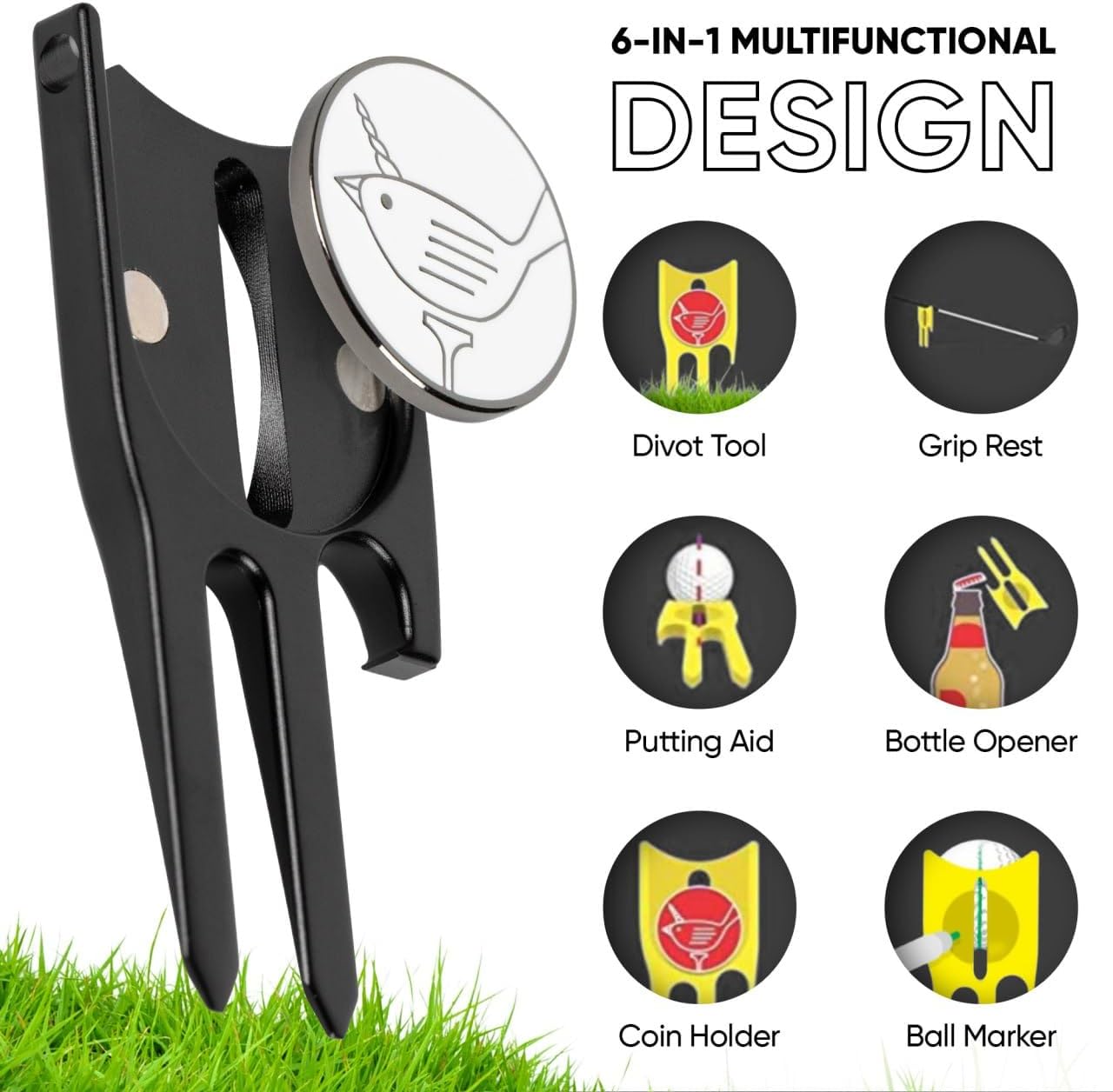 Birdicorn Golf Divot Repair Tool & Golf Ball Marker 6-in-1 Golf Divot Tool