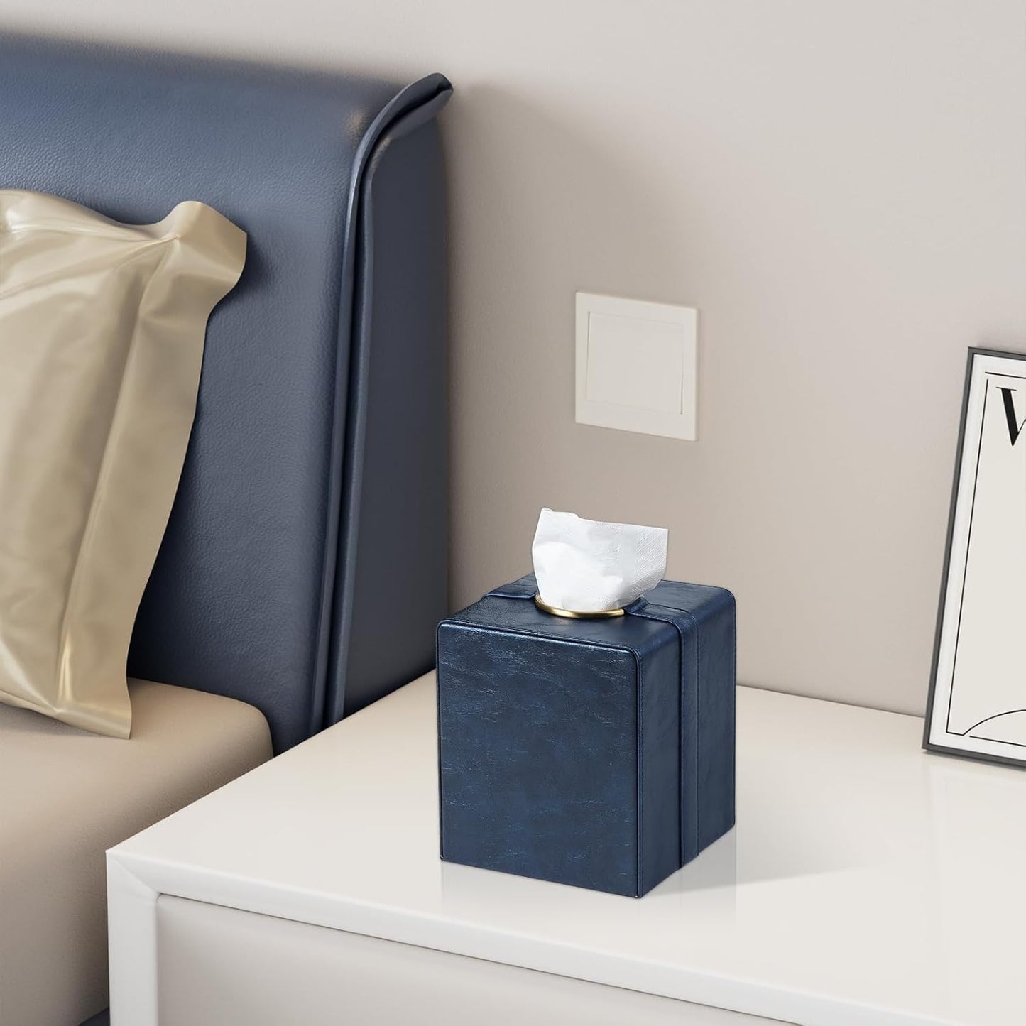 Luxury Square Tissue Box Cover, PU Leather Tissue Box Holder with Magnetic Closure and Gold Decorative Grommets for Bathroom Bedroom, Decorative Elegant Cube Tissue Holder (Blue)