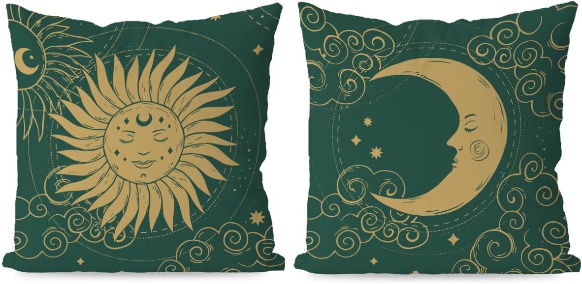 KEUSPI Moon Sun Pillow Cover Retro Boho Green Astrology Tarot The Sun and Moon Mysterious Throw Pillow Cover,Green Sun and Moon Decor Astrology Decor Pillow Covers 18x18 Set of 2