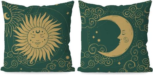 KEUSPI Moon Sun Pillow Cover Retro Boho Green Astrology Tarot The Sun and Moon Mysterious Throw Pillow Cover,Green Sun and Moon Decor Astrology Decor Pillow Covers 18x18 Set of 2