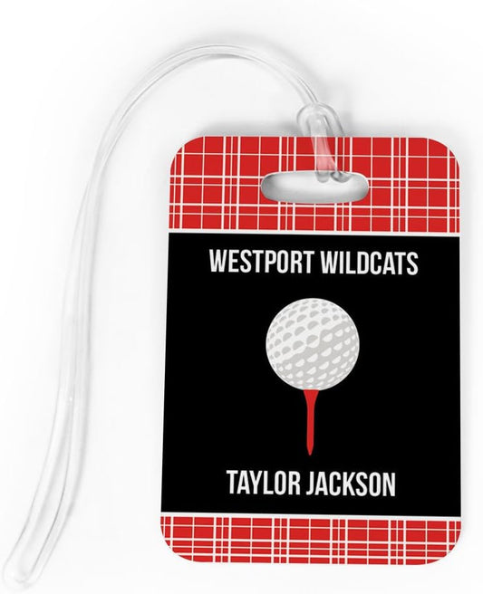 ChalkTalkSPORTS Golf Luggage & Bag Tag | Personalized Team with Golf Ball | Standard Lines on Back | Medium | RED/Black