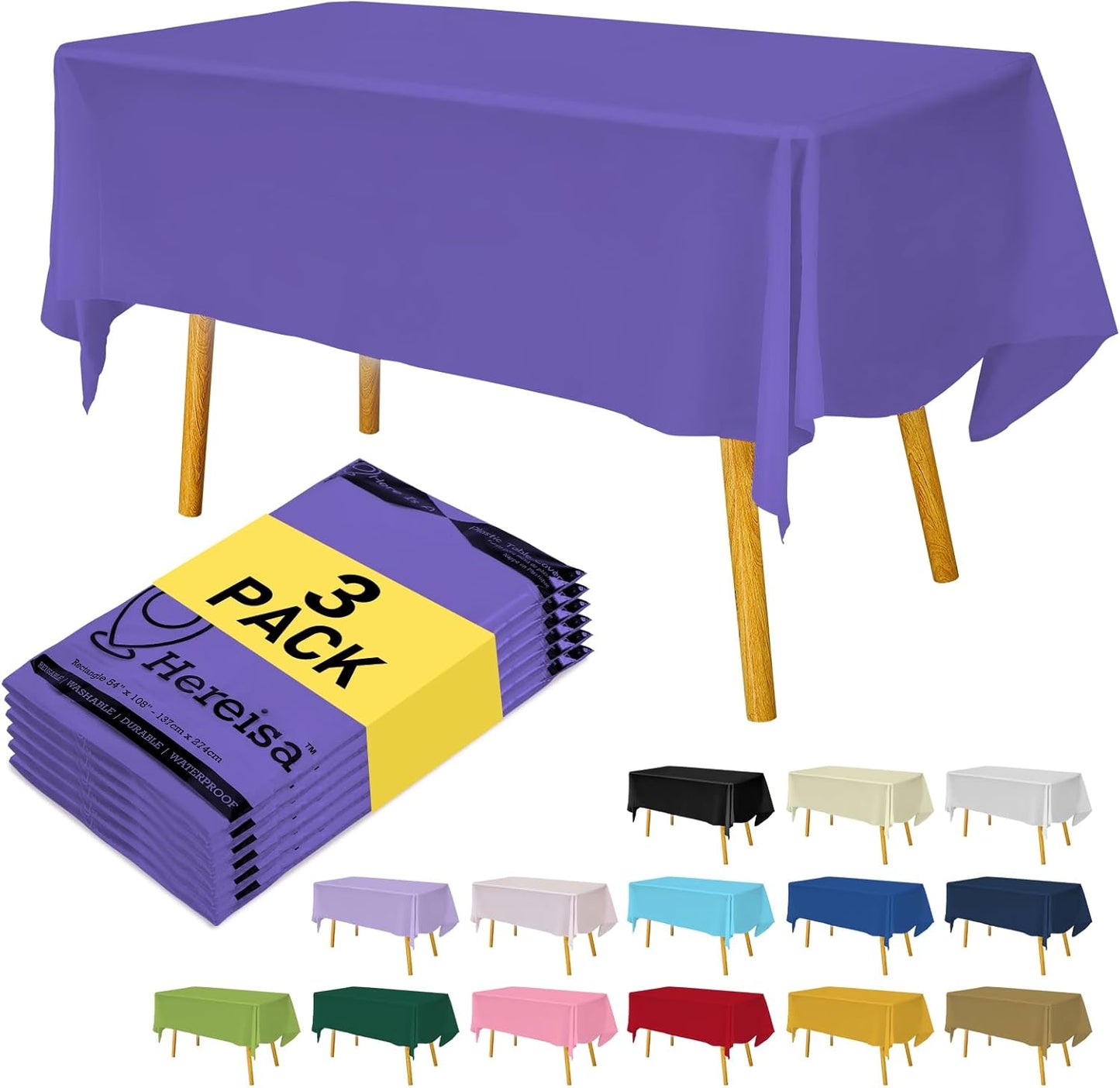 Plastic Purple Tablecloths 3 Pack Violet Disposable Table Covers 54" x 108" Table Cloths PEVA Party Tablecovers for Gras Parties Birthdays Weddings