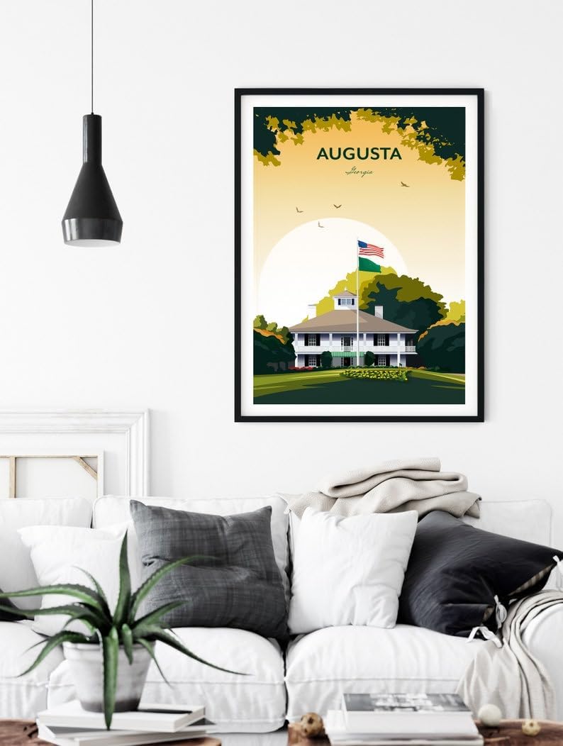 Augusta Golf Print - US Masters Clubhouse, Augusta National Golf Club Poster, Masters Golf Tournament Art, Augusta Georgia Golf Print, Vintage Golf Course Illustration (Unframed) (27x40)
