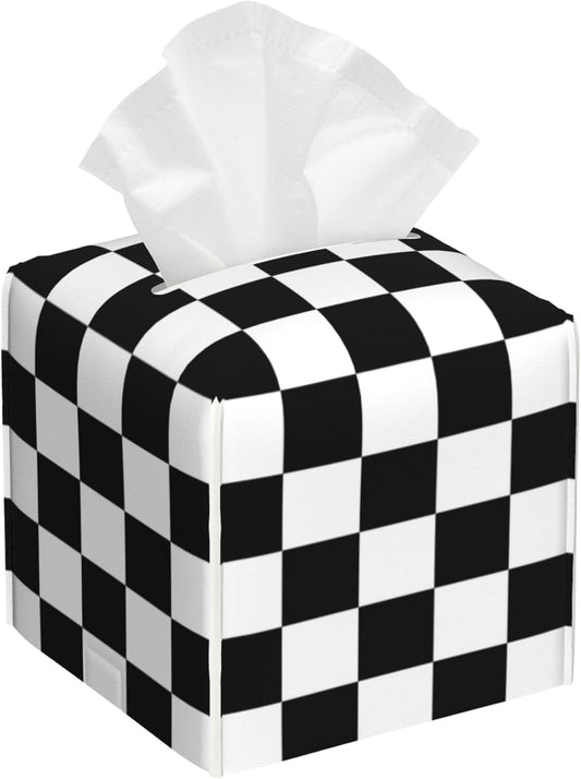 Black and White Checkerboard Tissue Box Cover Square,Square Grid Checkered Tissue Box Holder Waterproof Leather Facial Paper Organizer Dispenser for Bathroom Home Car Nightstand Vanity Desk