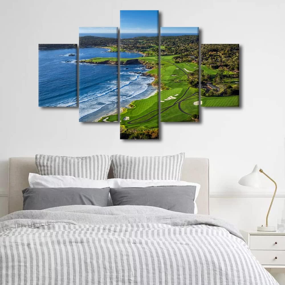Large Modern Golf Course Wall Art Home Decor Pebble Beach Golf Course Canvas Painting for Living Room Prints and Poster HD Pictures Office Wall Decoration Stretched and Framed 5 Piece(60" W x 40" H)
