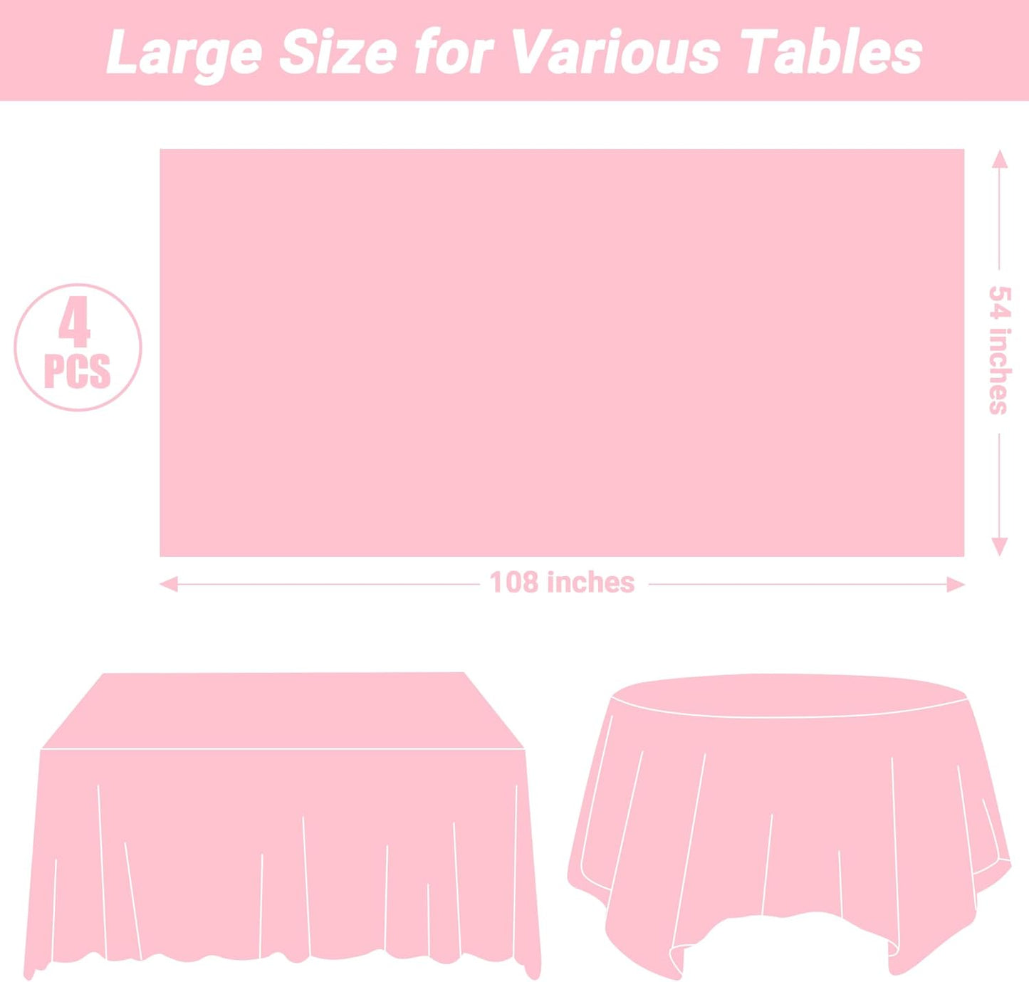 4 PCS Plastic Table Cloth Disposable, 54 x 108 Inches Pink Tablecloth, Plastic Table Cover Rectangle Tablecloth for Baby Shower Decorations and Wedding Party, Tablecloths of Leakproof Home Essentials
