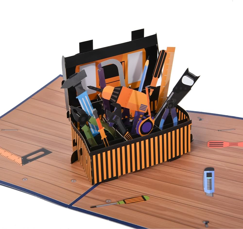 3D pop-up greeting card, hollowed out paper carving design,pop-up display Toolbox Greeting Card - Screwdriver/Toolbox Embossed Mechanical Wind Father's Day/Engineer Creative Gift Card- with envelope and blank label(Toolbox)
