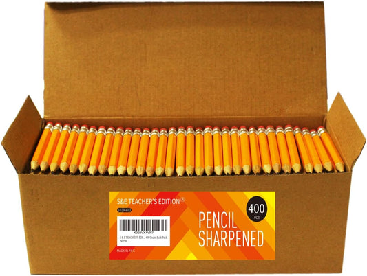 S & E TEACHER'S EDITION 400Pcs Half Pencils with Eraser Tops, Golf Pencil, Classroom, Pew - # 2 HB Pre-Sharpened Hexagon, Back to school, 400 Count Bulk Pack