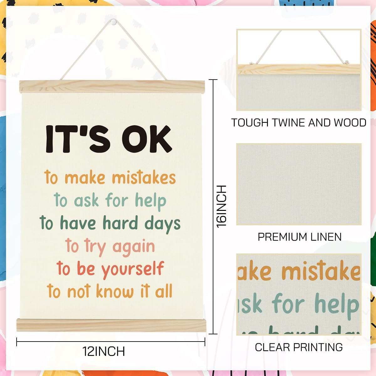 WINGTECA Affirmations for Kids Poster Hanger Frame Classroom Back to School Decorations It's ok to Make Mistakes Colorful Wall Hanging Banner Decor for Classroom Kids Room 12x16Inch