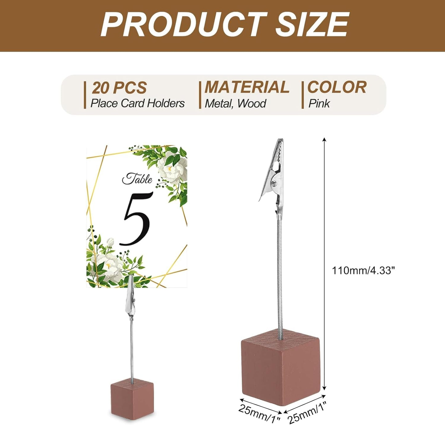 PATIKIL Place Card Holder, 20Pcs Memo Clip Holder Stand with Alligator Clasp Table Number Holders Wooden Base for Pictures Note Card Paper, Dark Pink