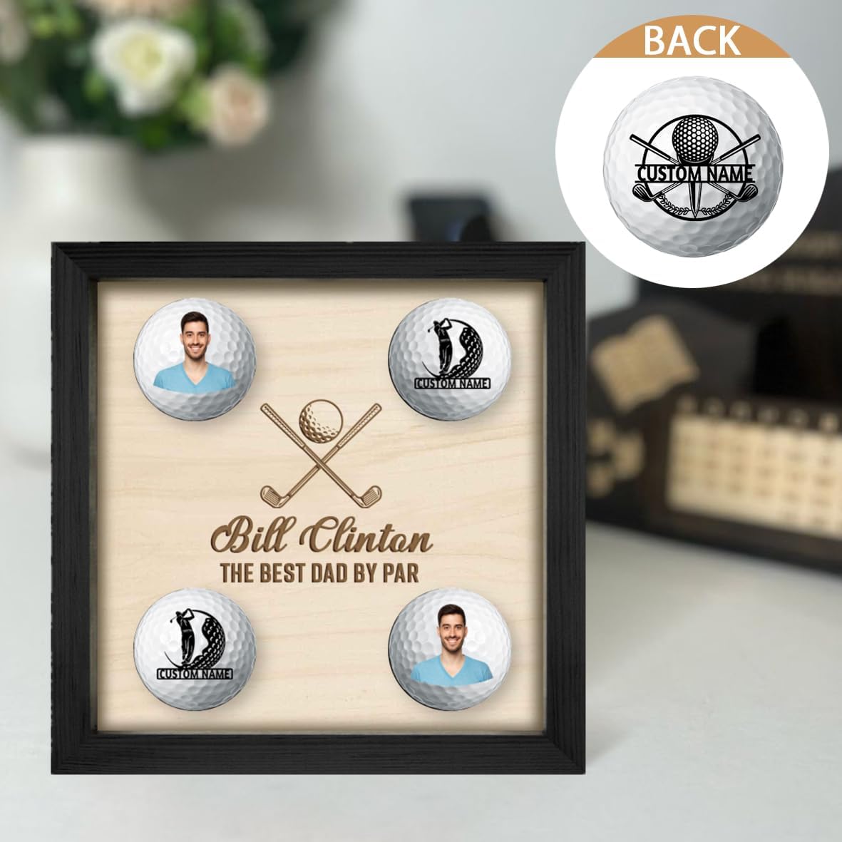 Personalised Golf Ball Holder Frame Custom Photo Name Golf Ball Display Case Wooden Golf Shadow Box Golf Ball Markers Hanger Desk Decor Gift for Men Dad Grandpa Family (Golf Ball Display Holder - 4)