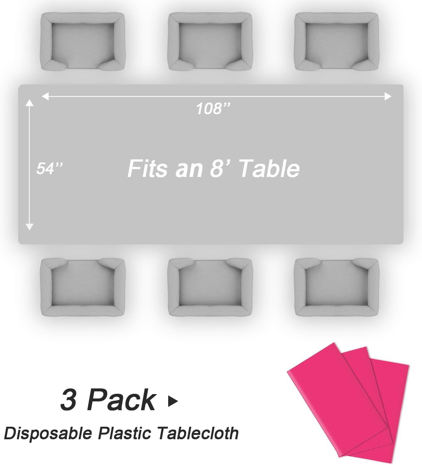 QIKSION Plastic Table Cloth Disposable 3 Pack, 54 x 108 Inch Tablecloths for Rectangle Tables, Hot Pink Plastic Table Cover