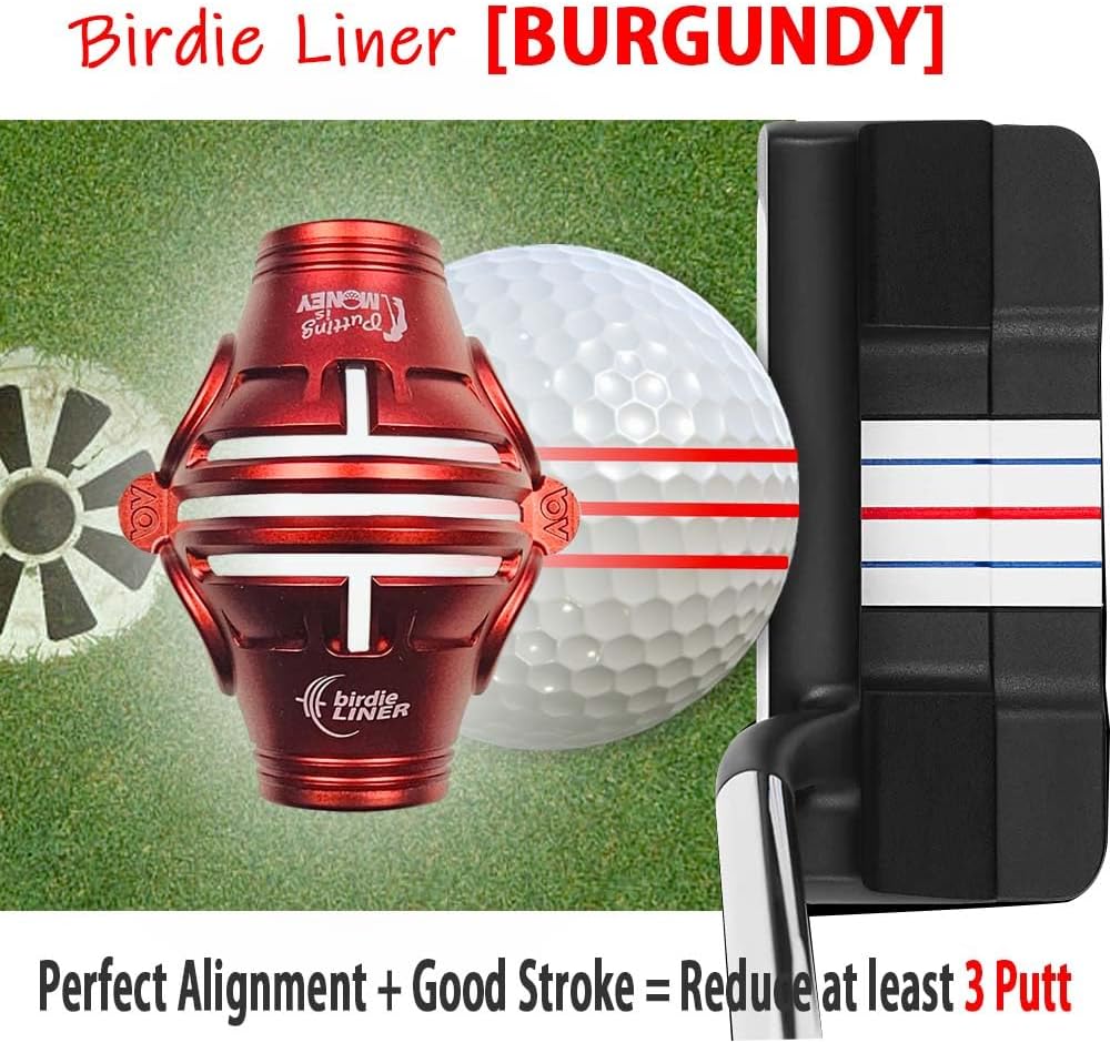 Birdie Liner Burgundy Golf Ball Marker Alignment Tool Kit - 360-Degree Triple Line Stencil Black with 3-Color Pens and Gift Box - Premium Quality