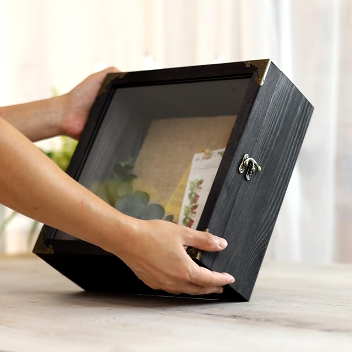 11x11 Inch Deep Shadow Box Frame 4.5" Depth, Black Solid Wood Display Case with Acrylic Door, Vintage Metal Corners, Memory Box for Medals Photos Coins Awards Wedding Keepsakes Military Memorial Gifts