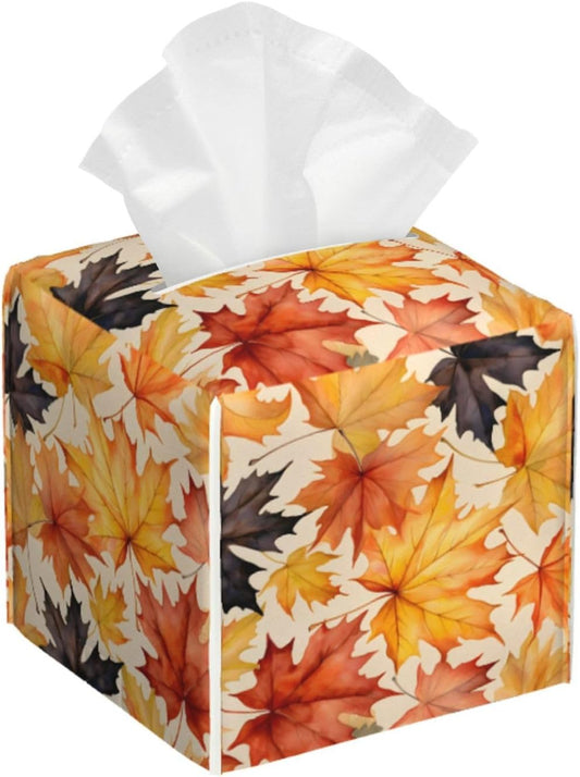 Tissue Box Cover Fall Maple Leaf Square PU Leather Tissue Box Holder for Car Bathroom Bedroom Desk Tabletop Decor