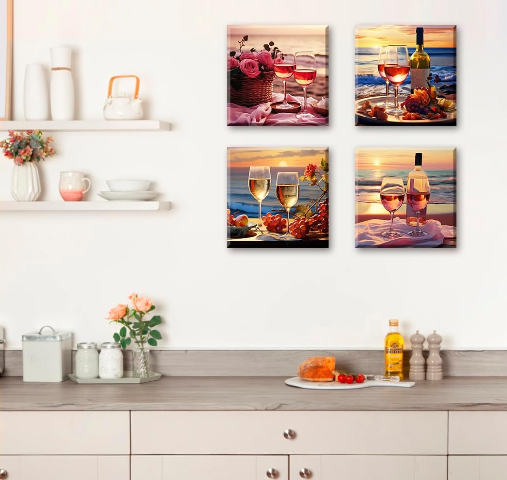 Kitchen Decor Dining Room Wall Art Wine Glass Still Life Fruit Goblet Canvas Prints Artwork Beach Sunset Landscape Romantic Poster Bar Restaurant Home Decoration Framed Ready to Hang 12"X12"X4 Panels