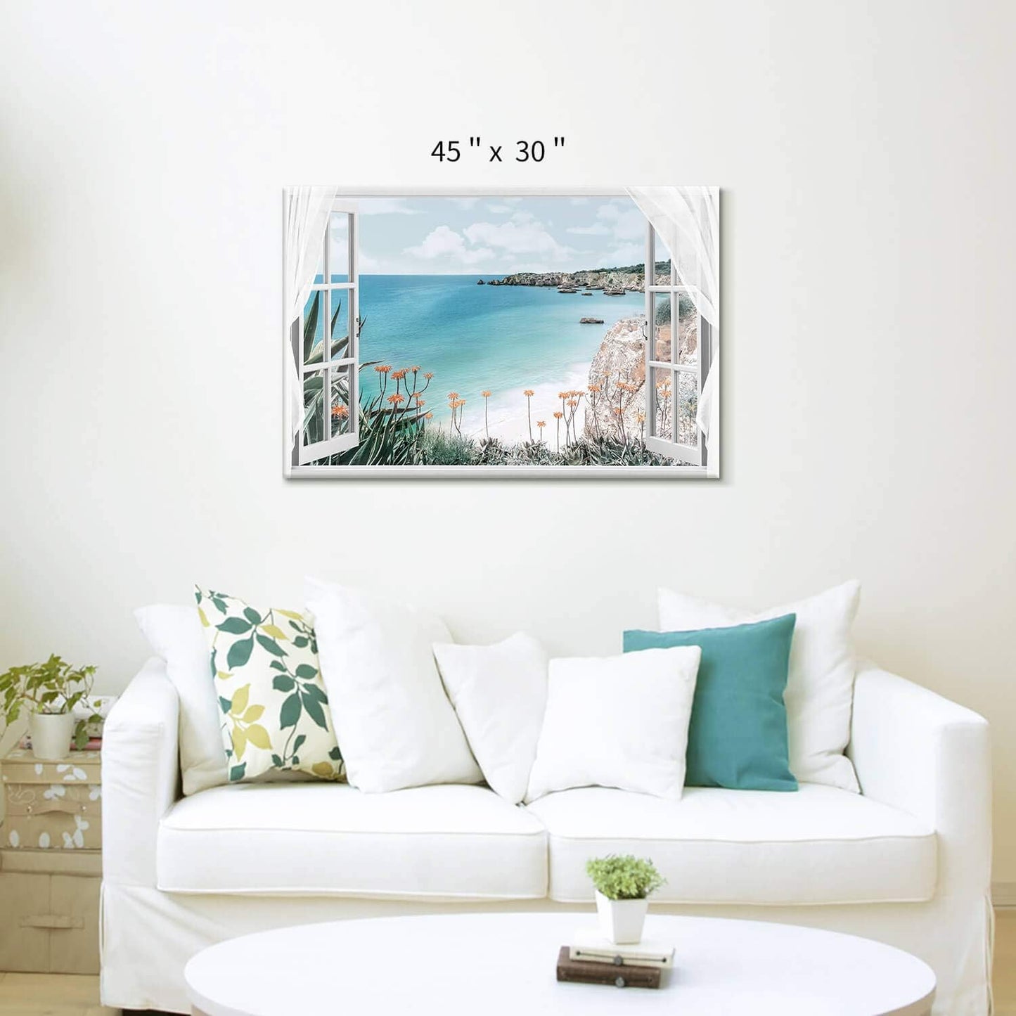 Hardy Gallery Coastal Painting Seascape Wall Art: Open Window View Picture Blue Ocean & Beach Artwork on Canvas for Bedroom (45'' x 30'' x 1 Panel)