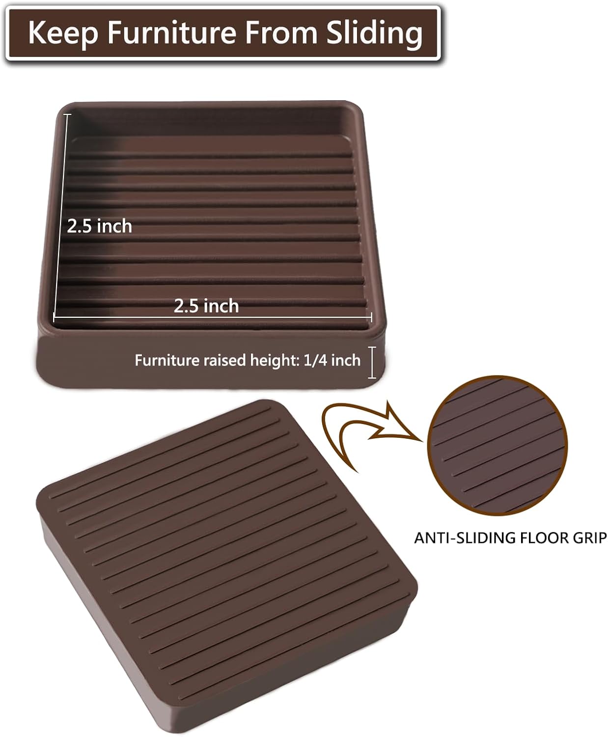 2.5x2.5 Square Rubber Furniture Caster Cups, Anti-Sliding Furniture Pads Bed Stopper Floor Protectors with Grip - Protect Any Flooring