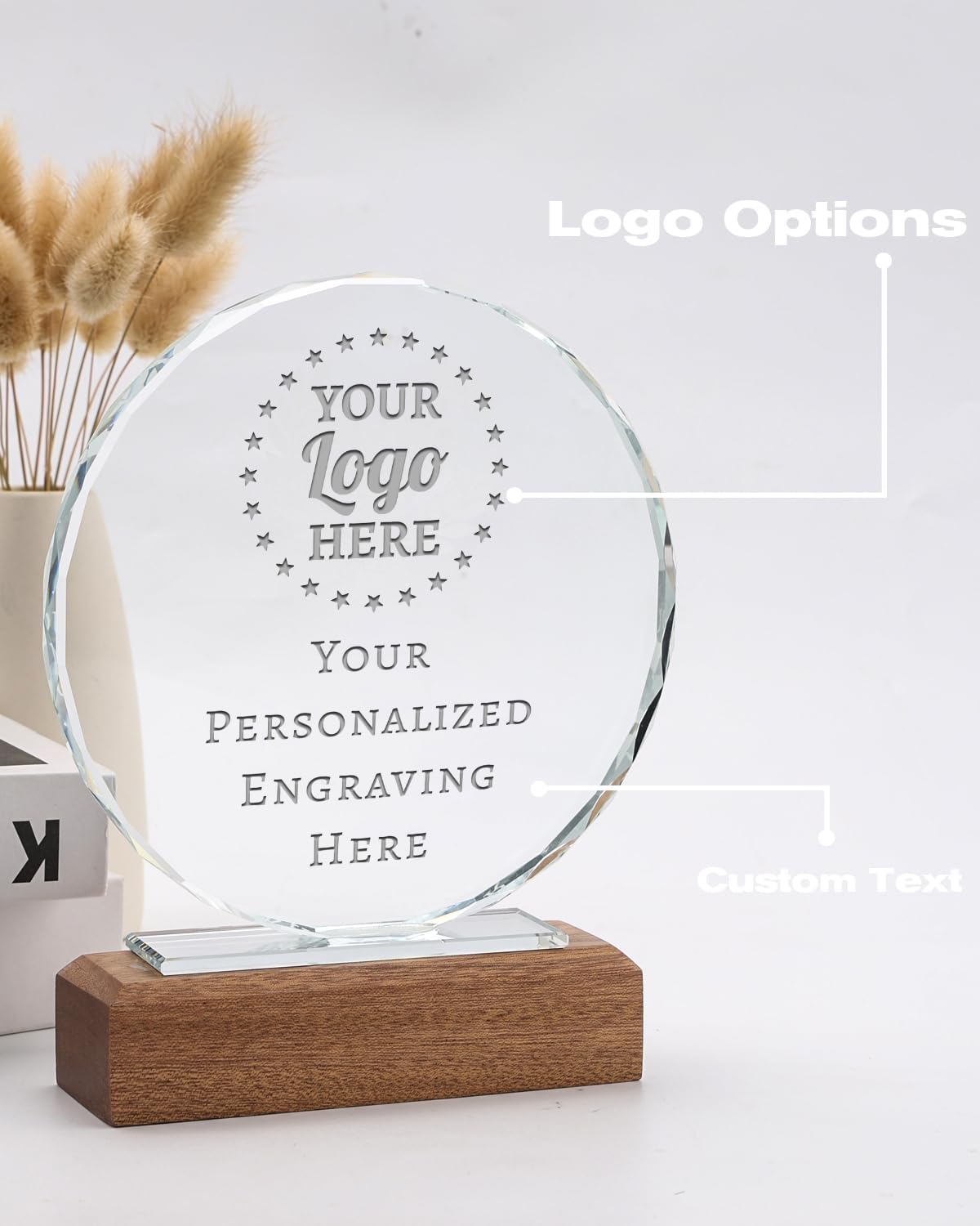 Personalized Crystal Trophy Award with Solid Wood Base - Custom Engraved Plaques for Employee Recognition, Sports Trophies, Thanks Gifts