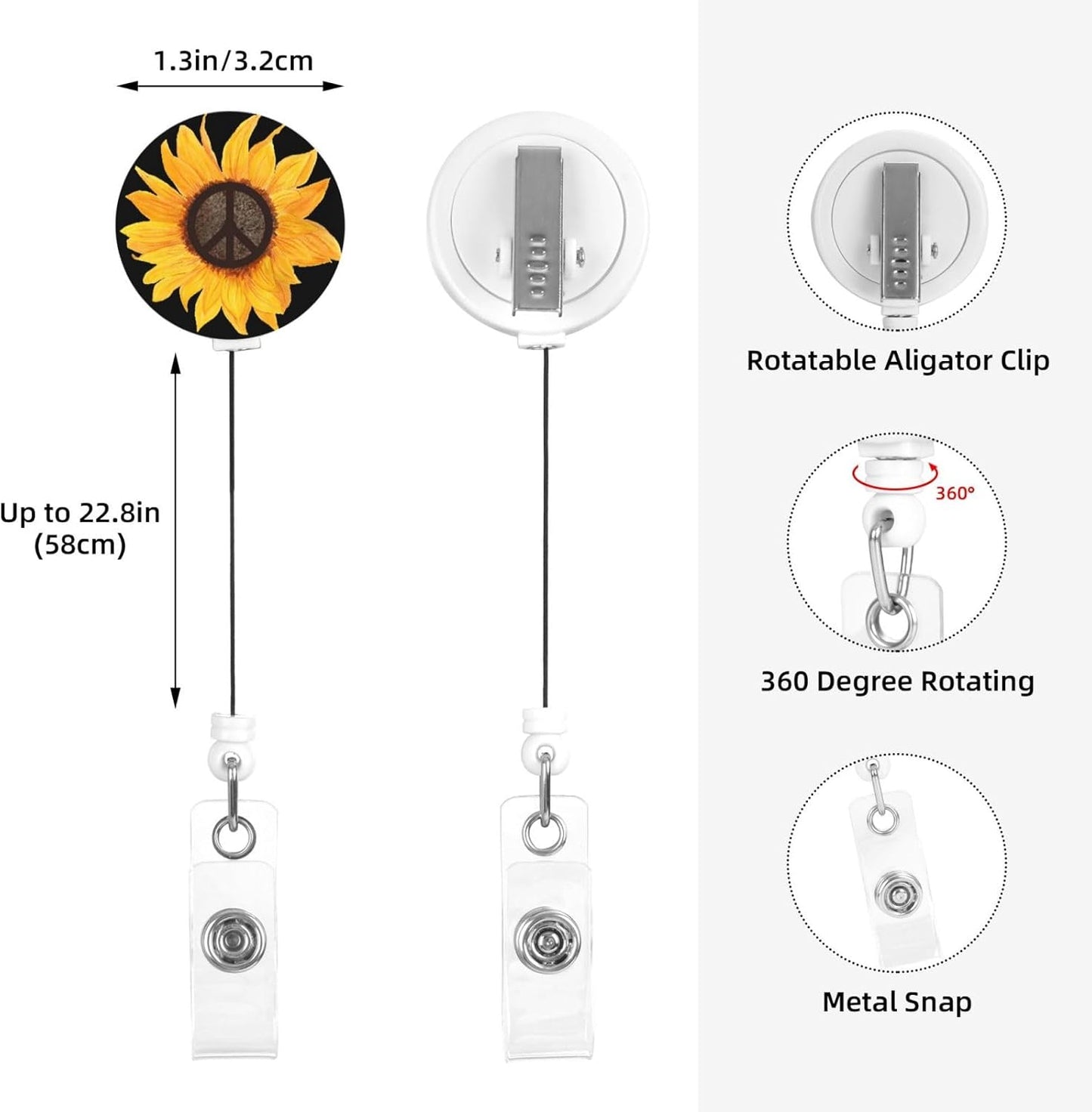 Peace Sign Sunflower Flower Badge Reels Retractable Badge Holder with Clip for Id Name Tag Office Worker Student Teacher Nurse Doctor