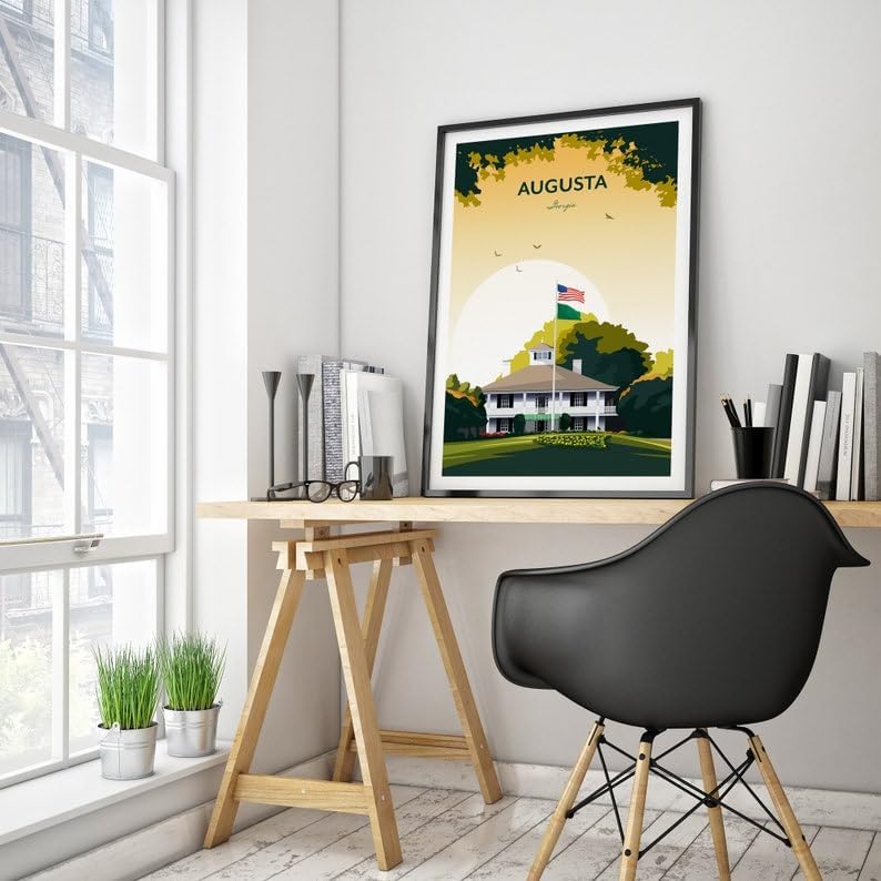 Augusta Golf Print - US Masters Clubhouse, Augusta National Golf Club Poster, Masters Golf Tournament Art, Augusta Georgia Golf Print, Vintage Golf Course Illustration (Unframed) (27x40)
