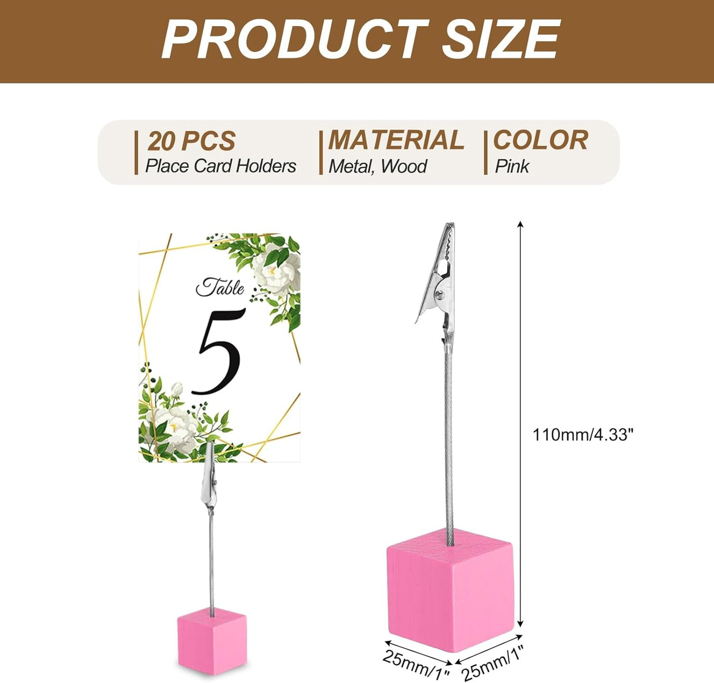 PATIKIL Place Card Holder, 20Pcs Memo Clip Holder Stand with Alligator Clasp Table Number Holders Wooden Base for Pictures Note Card Paper, Pink