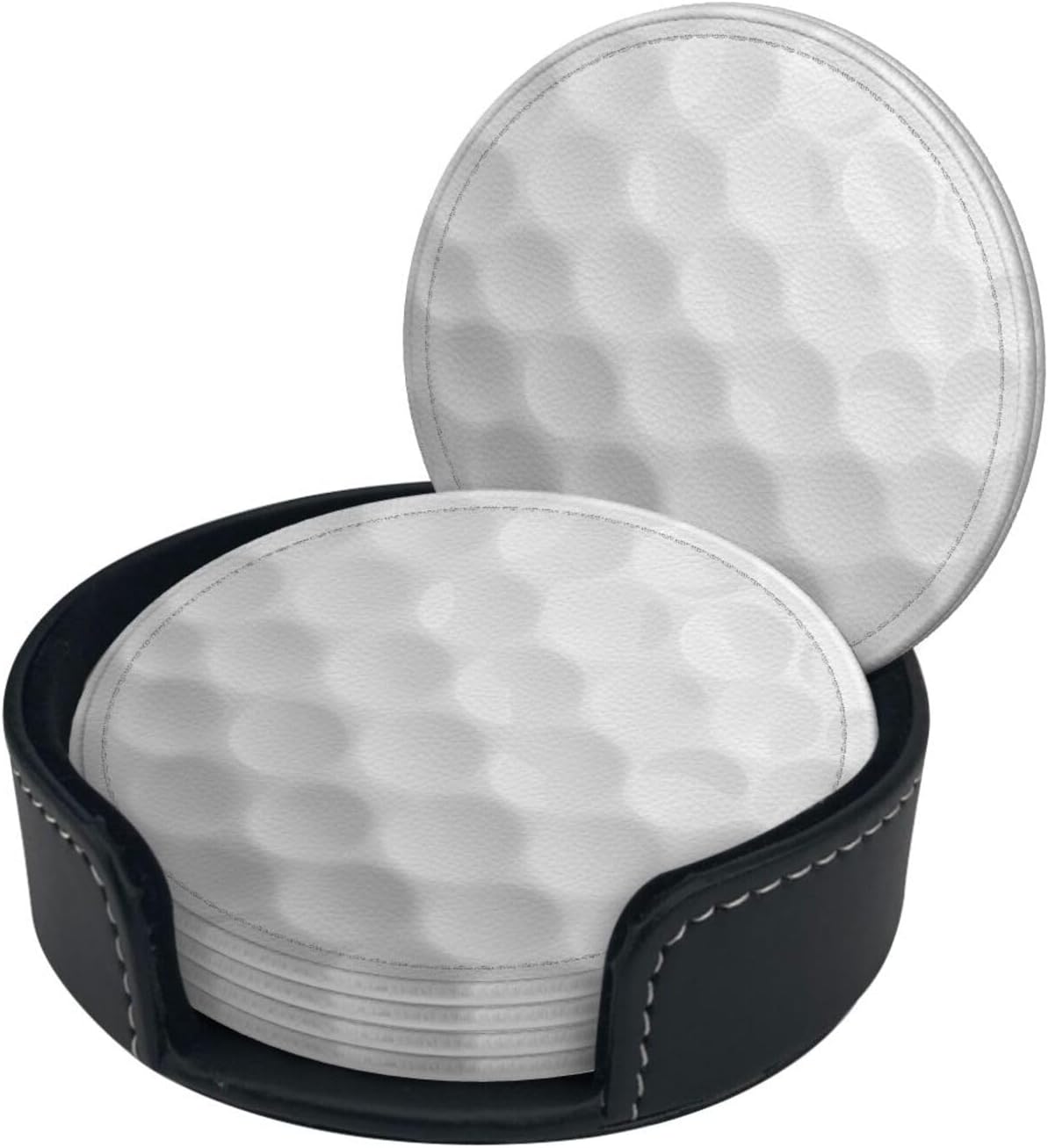 White Golf Ball Coasters For Drinks With Holder, Leather Coasters Set Of 6, Round Cups Mugs Mat Pad For Home Kitchen