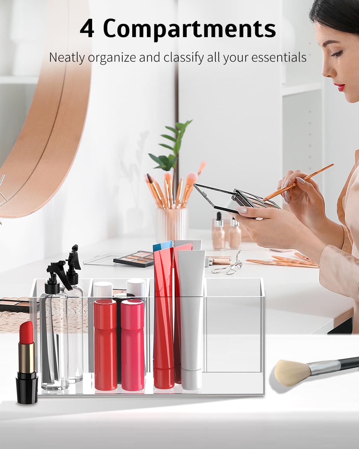 Uniclife Clear Acrylic Pen Holder for Desk, Plastic Pencil Holder Pen Organizer with 4 Compartments, Desktop Stationery Organizer for Office Home School, Vertical Makeup Brush Holder, 9" x 3" x 4"