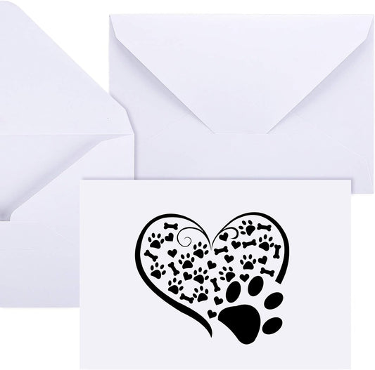 Zonon 48 Pcs Paw Printed Note Cards Set 24 Thank You Note Cards Heart Paw Print Blank Greeting with 24 White Envelopes Animal Lovers Pet Shop Birthday Party(Black and White)