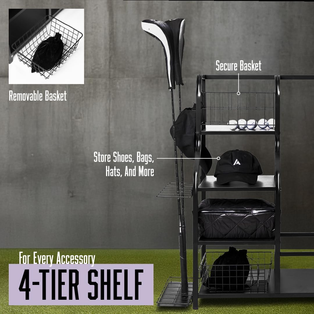 Golf Club Storage Rack with Shelves & Holders | Heavy-Duty Golf Bag Stand for 2 Bags | Golf Accessory Organizer for Garage, Home or Sports Room | Golf Bag Organizer by Lunai