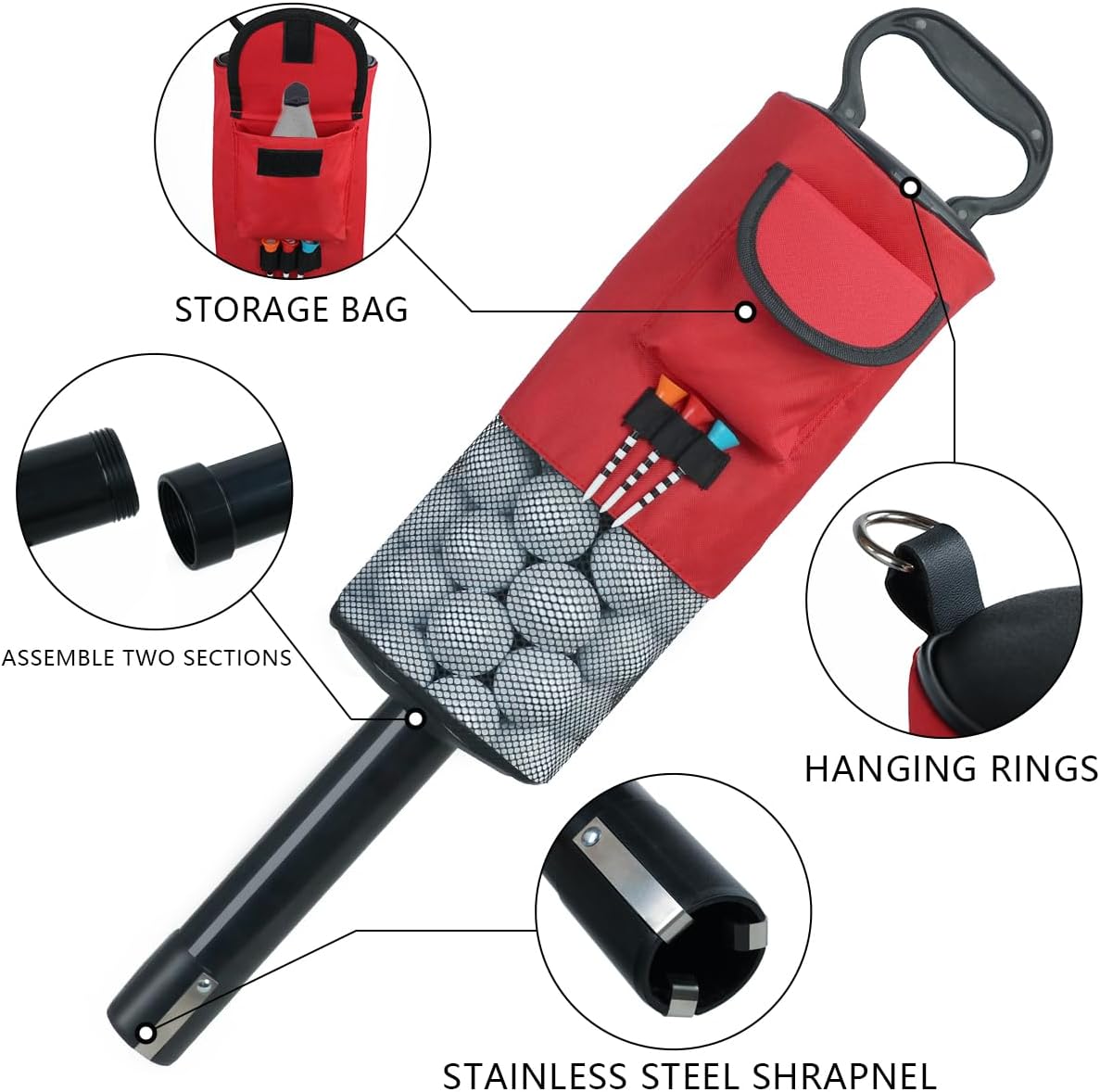 HOW TRUE Golf Ball Retriever, Portable Shag Bag Golf Ball Pick Up with Removable Plastic Tube, Pocket Shagger Storage