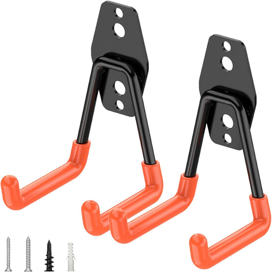 TICONN 2 Pack Heavy Duty Garage Hooks, Steel Utility Wall Storage Hooks, Wall Mount Hanger Organizer for Ladders, Bikes, Tools, Bulky Items (Small, Orange Square)