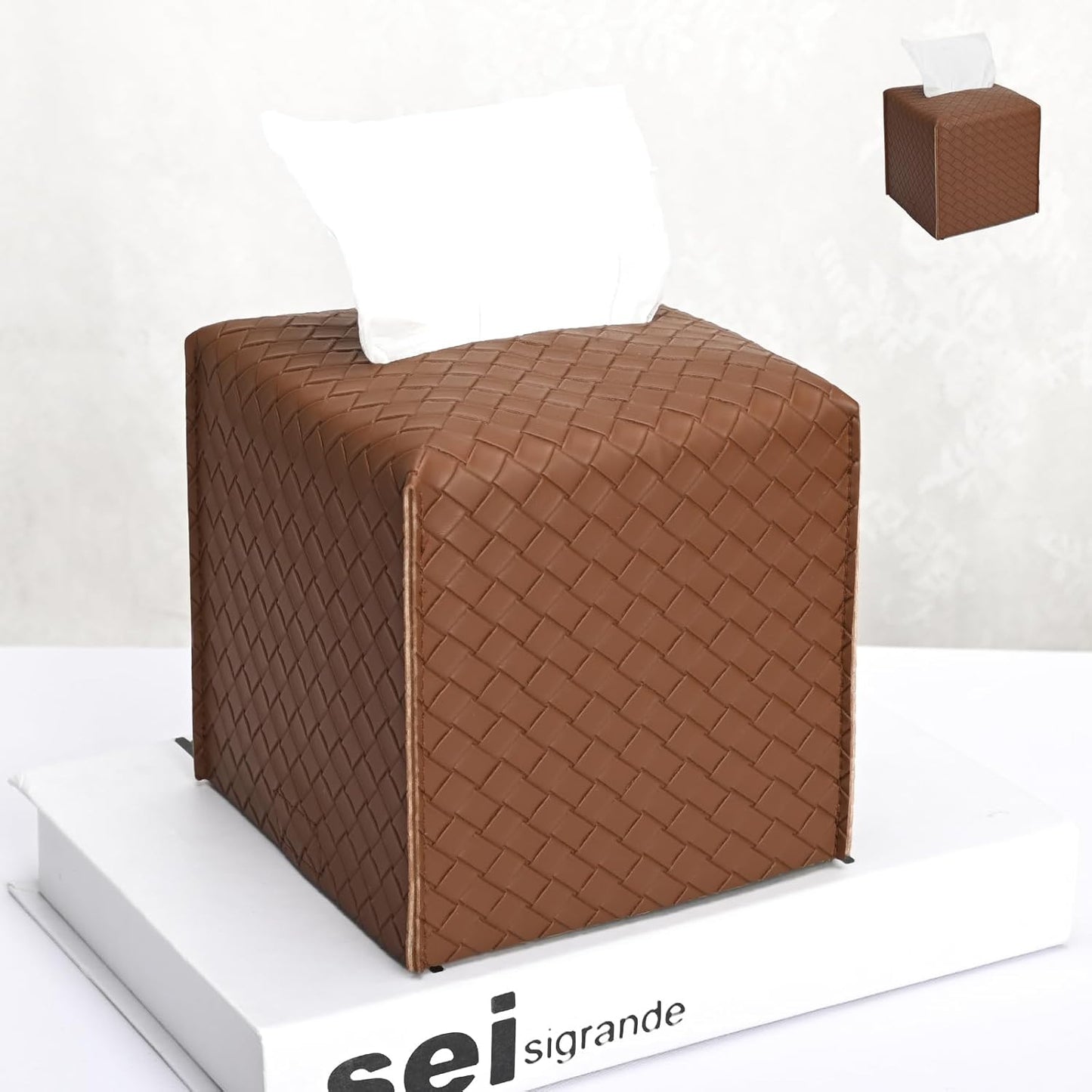 HOMOTEK 2 Pack Tissue Box Cover, Square PU Leather Tissue Holder, Decorative Facial Tissue Cube Paper Organizer Dispenser for Bathroom, Night Stands, Desk, Car 5X5X5'' - Woven Waffle,Chocolate