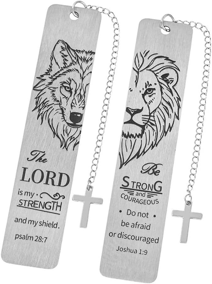 Metal Bookmark Man of God, Silver Inspirational Lion and Wolf Verse Book Mark with Cross Pendant, Religious Scripture Bookmark Accessories for Men Church Baptism Gifts (2PCS)