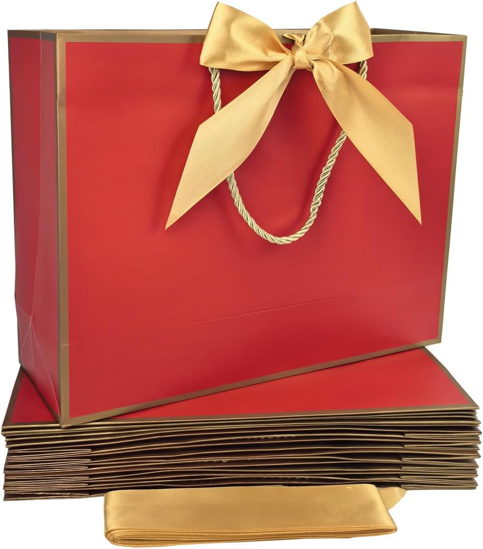 TKSBAG 12PCS Gift Bags Medium Size with Handles, 12.5 x 9.8 x 4.3 In Red Gold Thank You Bags with Bow Ribbon for Wedding, Birthday, bridesmaid, Party Favors, Thanksgiving, Christmas