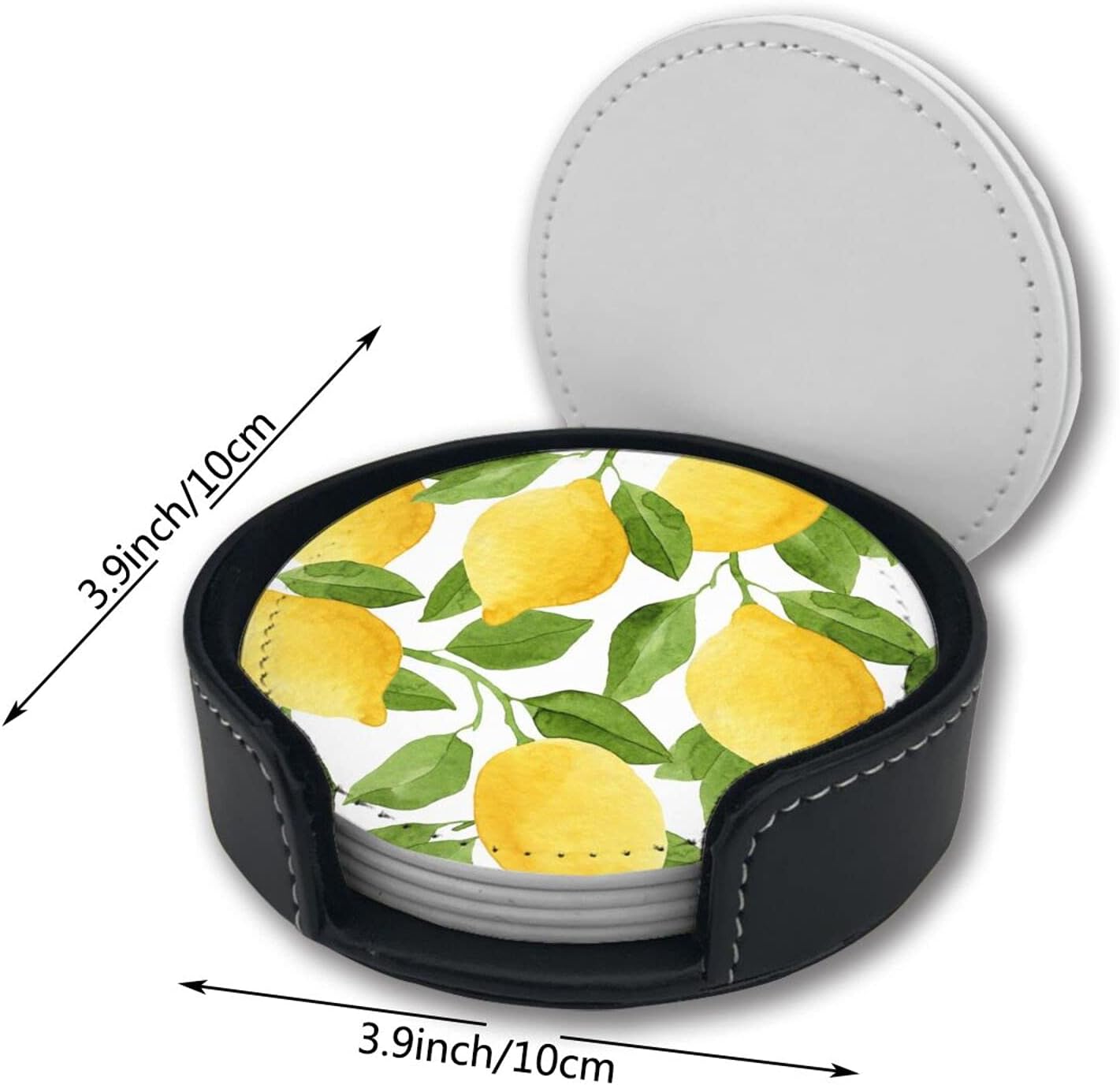 Lemon Leather Drinks Coasters with Holder Set of 6, Suitable for Kinds of Cups