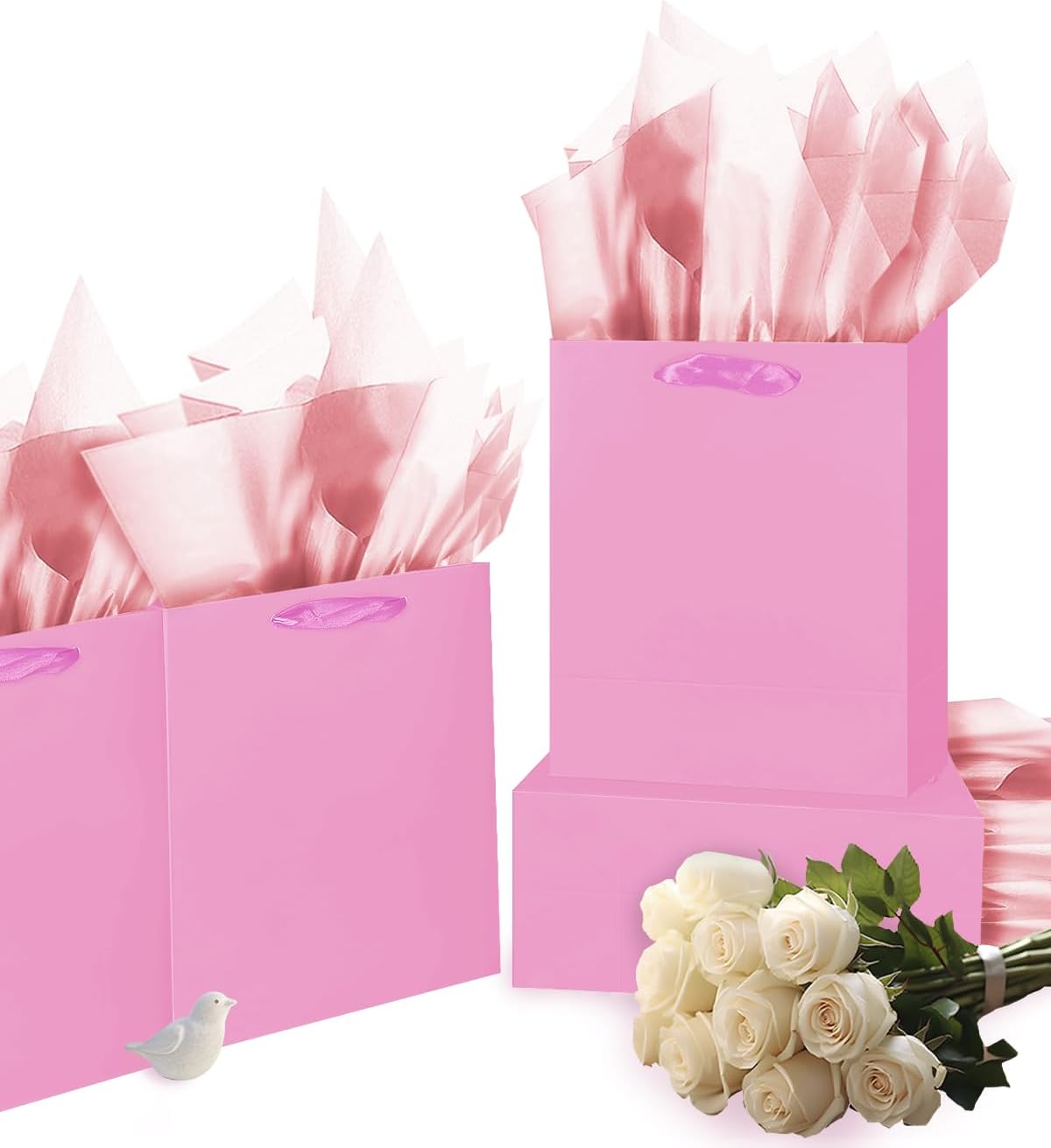 Gcardist Pink Gift Bags with Tissue Paper for Wedding, Birthday, Party - Medium Size Cardboard Gift Bags (5pcs + 10pcs Tissue Paper)