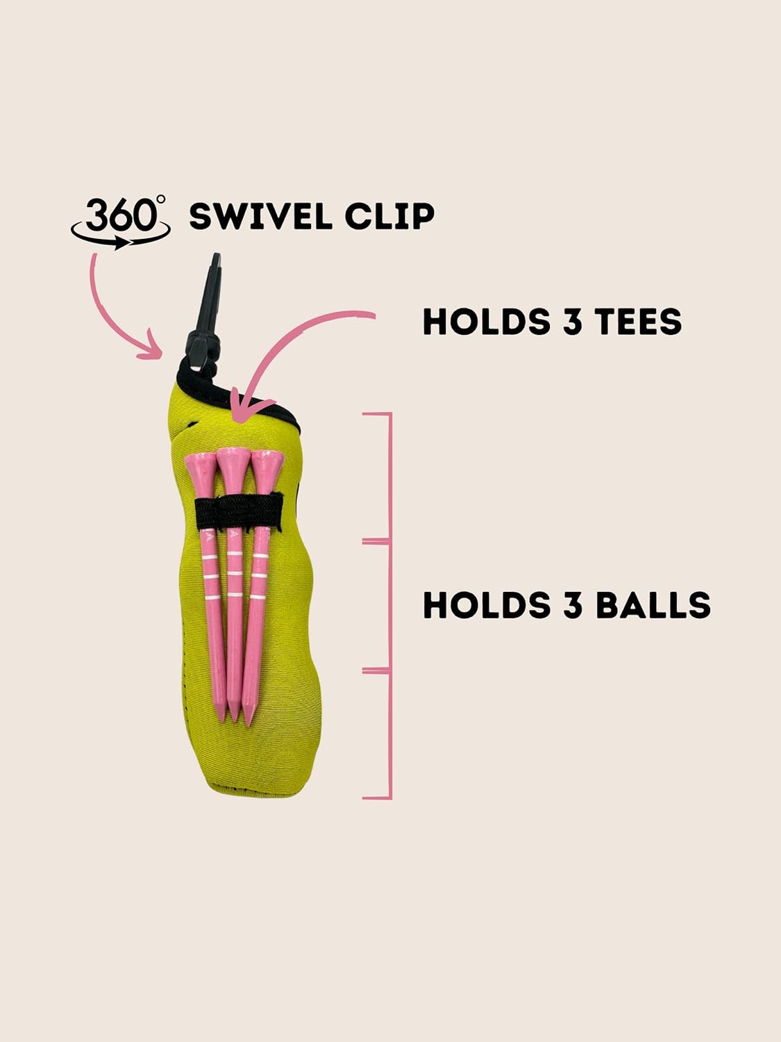 Golf Ball and Tee Holder - Holds 3 Golf Balls and 3 Tees, Soft Carry Bag Pouch with Secure 360° Swivel Keychain Belt Clip Hook, Gift Accessories for Golfers and Women’s Birthdays