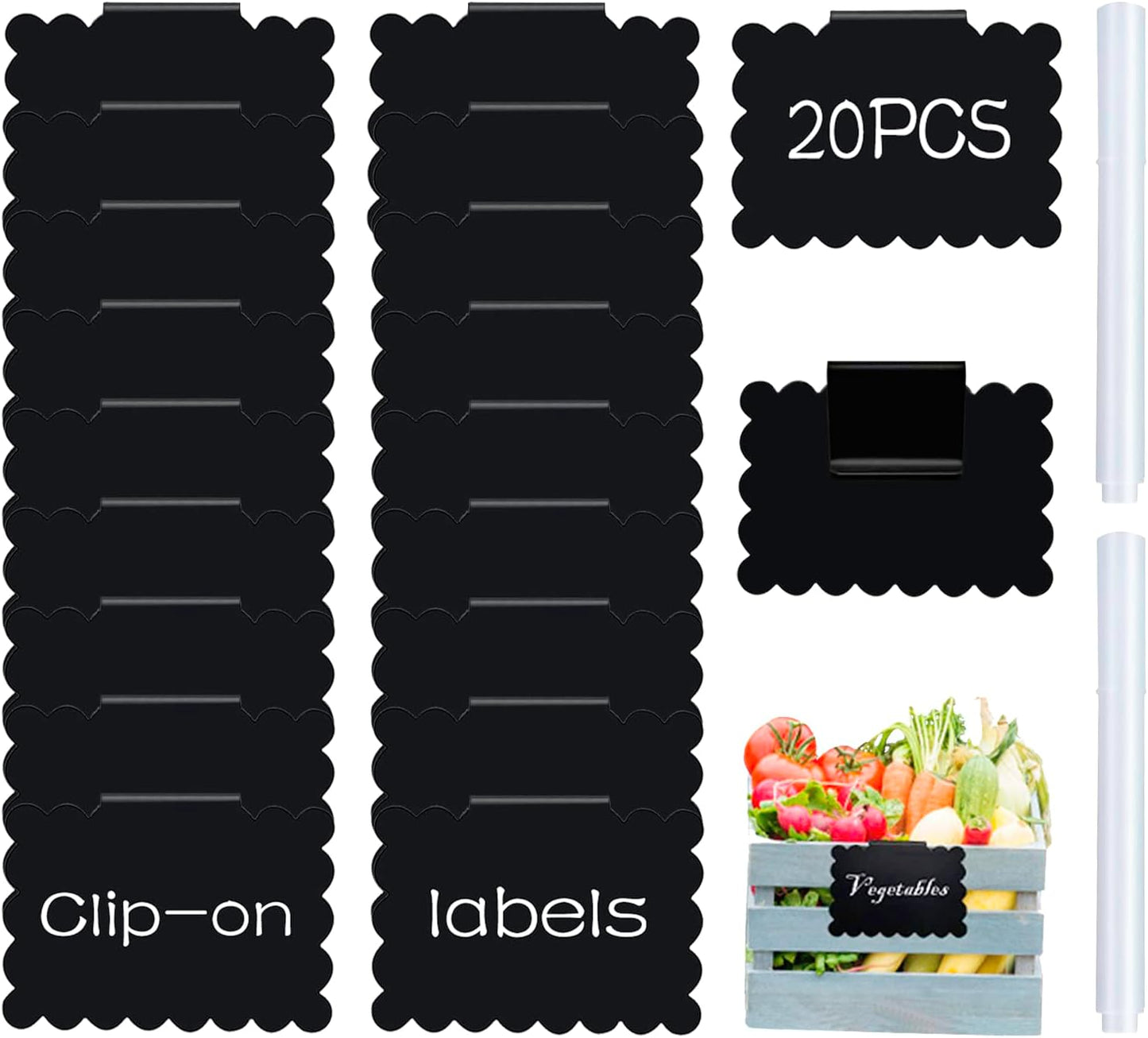 20 Reusable Basket Labels with Clip-On Design, Perfect for Kitchen and Closet Organization, Includes 2 White Chalk Markers