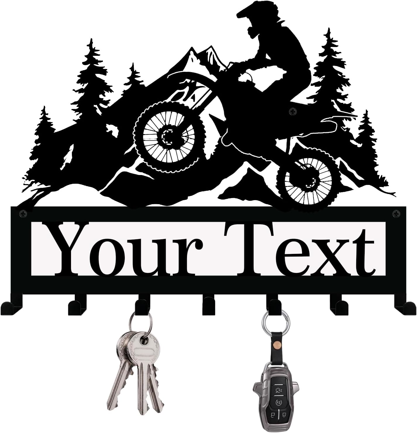 NIWAHO Personalized Dirt Bike Key Holder Wall Mount - Custom Metal Name Sign with Hooks for Garage, Motocross Room, or Entryway Decor