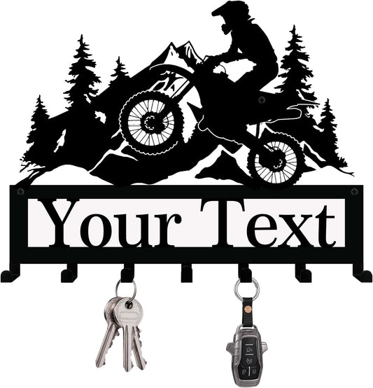 NIWAHO Personalized Dirt Bike Key Holder Wall Mount - Custom Metal Name Sign with Hooks for Garage, Motocross Room, or Entryway Decor