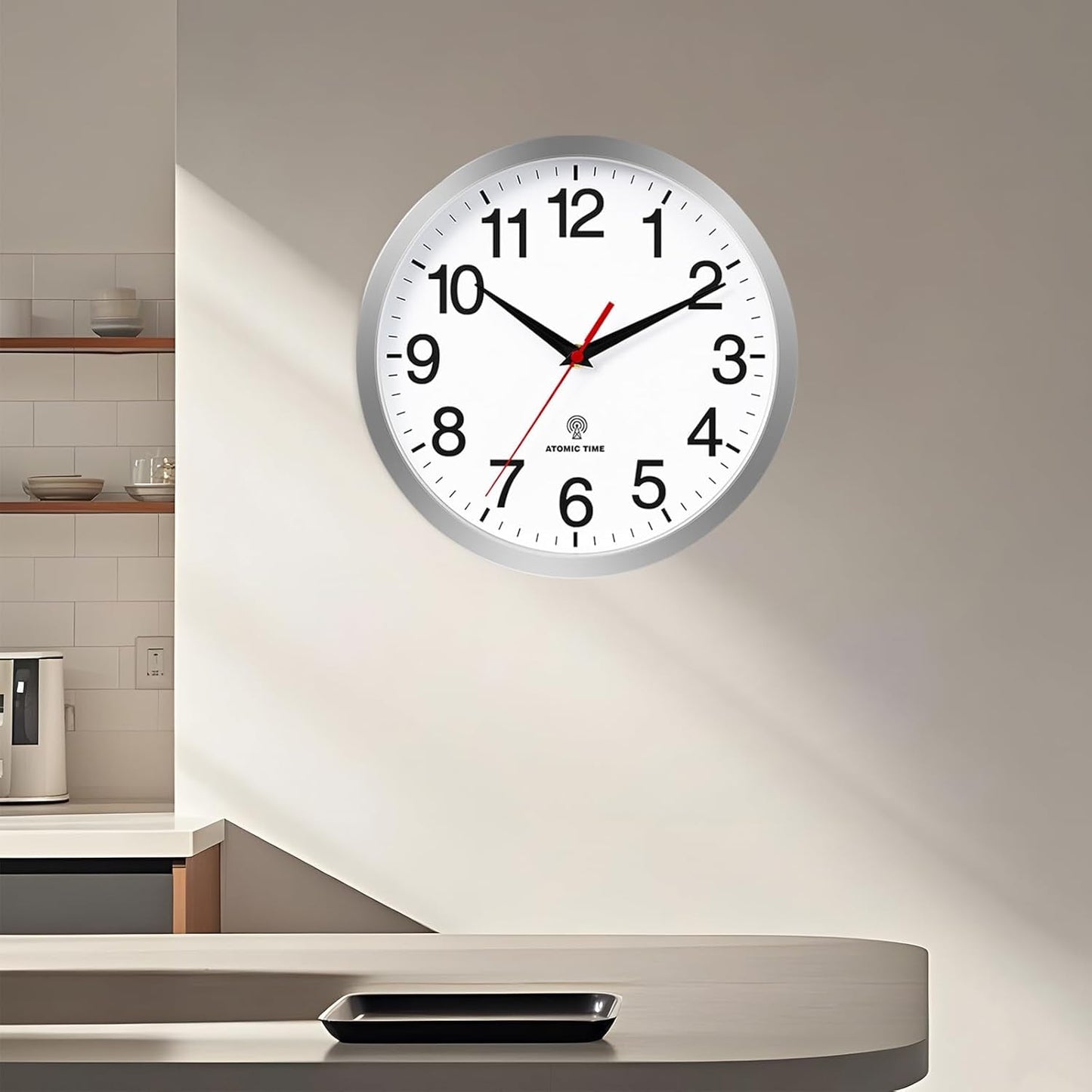Atomic Wall Clock Modern 14 Inch Battery Operated Silent Non Ticking Analog Clock Decorative for Bedroom Kitchen Bathroom Office Home Living Room (Silver)