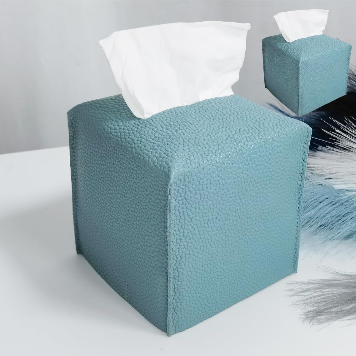 HOMOTEK 2 Pack Tissue Box Cover, Square PU Leather Tissue Holder, Decorative Facial Tissue Cube Paper Organizer Dispenser for Bathroom, Night Stands, Desk, Car 5X5X5'' - Aqua Blue, Pebble Grain