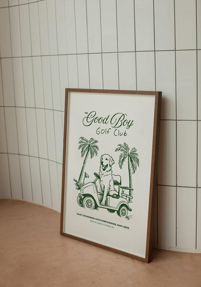 Good Boy Golf Club Poster, Golden Retriever Dog Driving Golf Cart Print, Funny Retro Golf Wall Art, Stylish Golf Wall Decor for Home, Office, or Man Cave (Unframed) (11x14)