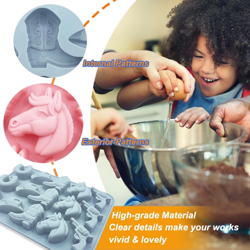 2 Pack Cowboy Chocolate Silicone Molds 3D Western Themed Baking Mould Tray DIY Baking Tool with Cowboy Hat, Boot & Horse for Chocolate Cake Dessert Candy Mousse Pastry Handmade Soap Cupcake Topper